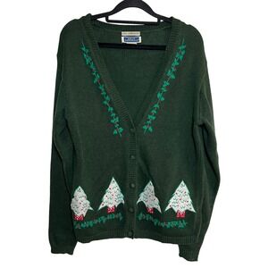 Vintage Green Embroidered Ugly Christmas Sweater‎ Cardigan Sz Medium Winter Tree